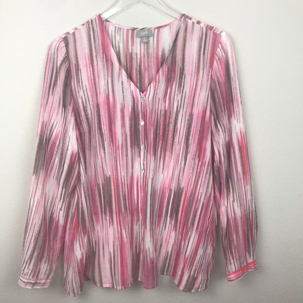 J Jill V Neck Long Sleeve Sheer Button Front Blouse Medium